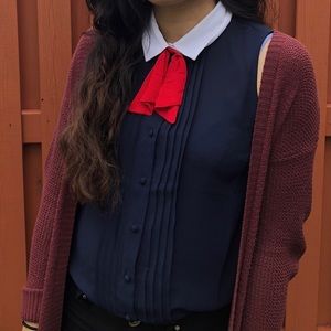 Button Up Collared Blouse with Bow